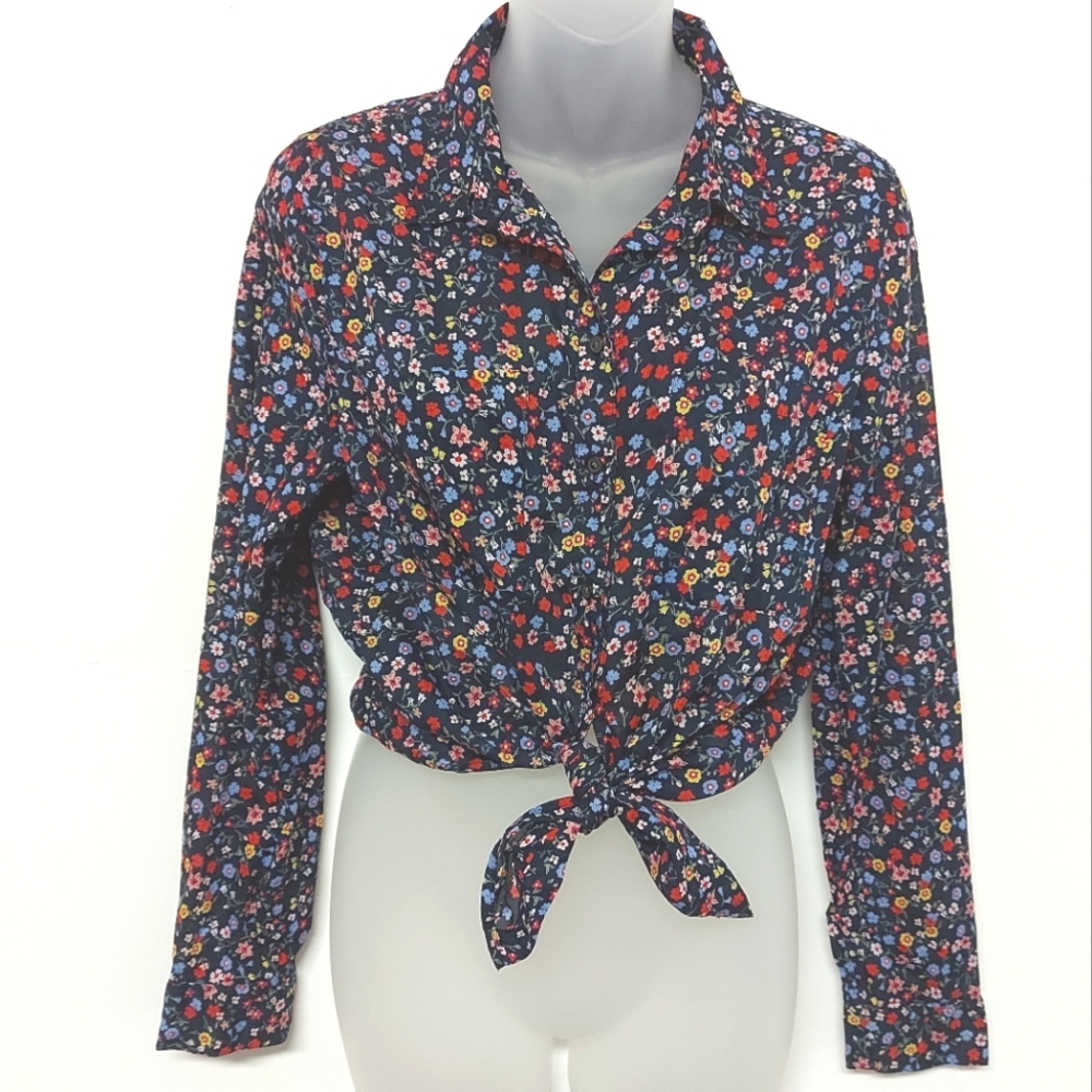 3 for $25- Gap Button Down Navy Blue Shirt with Flowers, Size Small